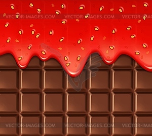 Realistic melt strawberry jam on chocolate bar - color vector clipart