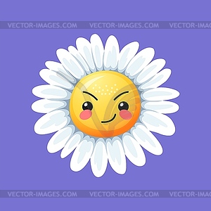 Camomile smile, angry daisy flower character emoji - vector clipart