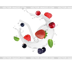 Молоко, йогурт, десертный крем с ягодами - цветной векторный клипарт
