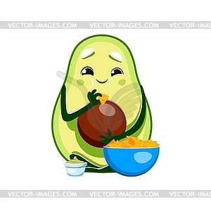 Cartoon avocado character eating nachos chips - vector clip art