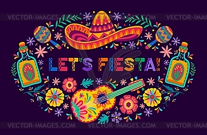 Mexican Let Us Fiesta festival sombrero and guitar - vector clipart