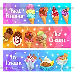 Мультяшное мороженое на палочке и в рожке, пломбир, мороженое со льдом - изображение в векторном формате