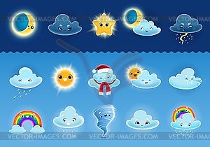 Cartoon cute weather characters, clouds, sun, rain - vector image