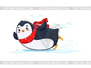 Cartoon cute funny penguin gliding on its belly - vector EPS clipart