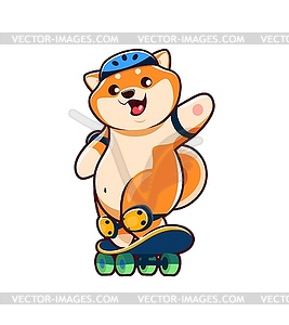 Мультяшный милый персонаж собаки Сиба-Ину на скейтборде - векторная иллюстрация