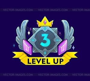 Game interface level up metal badge, crown, gems - vector EPS clipart