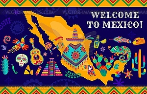 Mexico map with cuisine meals, animals and plants - vector image