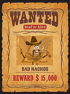 Western wanted poster, bad nachos robber character - vector clipart