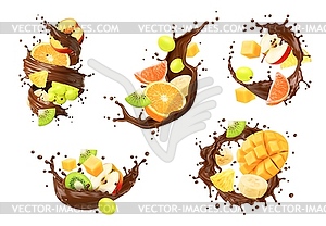 Realistic chocolate milk wave splash with fruits - color vector clipart