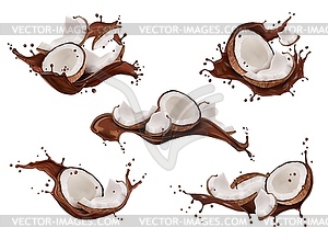 Realistic chocolate milk drink splash with coconut - vector clipart