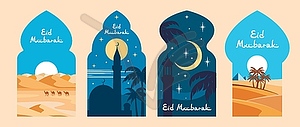 Eid Mubarak, mosque windows with arabic landscapes - royalty-free vector clipart