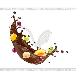 Реалистичный шоколадный всплеск с тропическими фруктами - иллюстрация в векторе