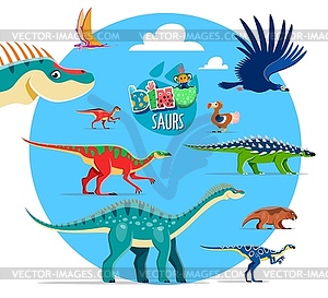 Cartoon dinosaurs funny characters sticker - vector image