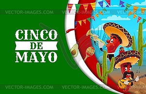 Cinco de Mayo paper cut banner, mariachi peppers - vector image