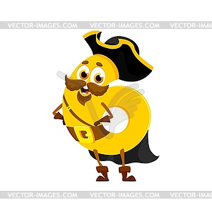 Cartoon funny number 6 pirate or corsair character - vector image