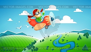 Мультяшный малыш мальчик-пилот, летящий на самолете или аэроклубе - изображение в векторном виде