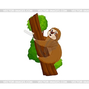 Cartoon funny sloth character climbing on tree - vector image