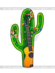 Paper cut cactus, guitar, Mexican pinata, maracas - stock vector clipart