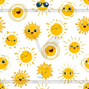 Cartoon funny sun characters seamless pattern - vector image