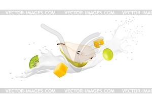 White yogurt drink, milk swirl and wave with fruit - vector EPS clipart