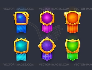 Game award badges and level complete popup shields - royalty-free vector image