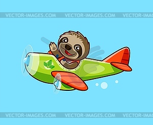 Cartoon cute sloth animal character on plane - vector image