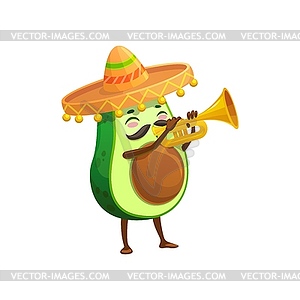 Cartoon Mexican avocado character with trumpet - vector image