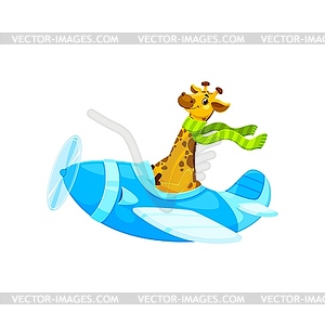 Giraffe pilot on airplane, cartoon animal aviator - vector clipart