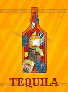 Mexican tequila paper cut banner with blue agave - vector image