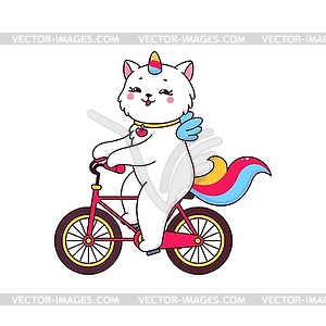 Мультяшный милый персонаж caticorn cat катается на велосипеде - графика в векторе