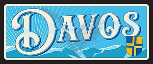 Davos Swiss sticker, retro travel plate - vector image