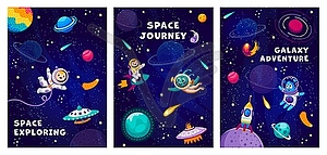 Space posters with funny characters starry galaxy - vector clip art
