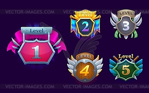 Game level badges, cartoon reward icons set - vector clipart