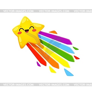 Cartoon cute star kawaii character fly on rainbow - color vector clipart