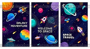 Космические баннеры с пейзажем галактики и ракетами - клипарт в векторном формате