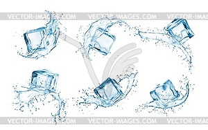 Water wave splashes with ice cubes, 3d set - vector clipart / vector image