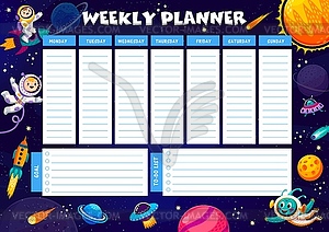 Weekly planner, cartoon space astronaut, alien UFO - vector clip art