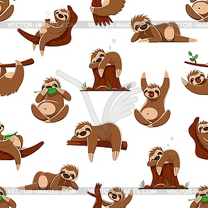 Cartoon funny sloth seamless pattern background - vector image