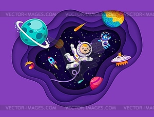 Space paper cut banner, kid astronaut, alien, UFO - vector clipart