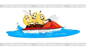 Cartoon conchiglie pasta characters riding jet ski - vector image