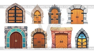 Cartoon medieval castle gates, wooden doors, arch - vector clip art