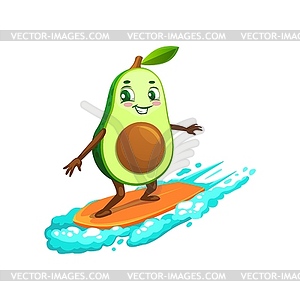 Cartoon Mexican cheerful avocado surfer character - vector image