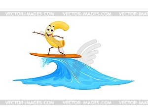 Surfer macaroni character riding wave on surfboard - vector clip art