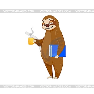 Cartoon funny sloth character with coffee cup - vector image
