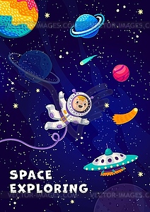 UFO and kid astronaut, outer space galaxy planets - vector image