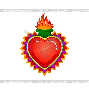 Mexican sacred heart with burning flames, tattoo - vector clipart