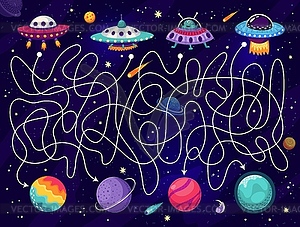 Space labyrinth game, help alien UFO find planet - vector clipart