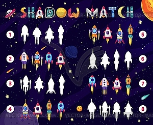 Shadow match game worksheet, find space rocket - vector image