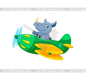 Cartoon rhinoceros pilot on airplane, funny animal - vector image