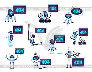 404 страницы с мультяшными экранами, роботами и дроидами - цветной векторный клипарт